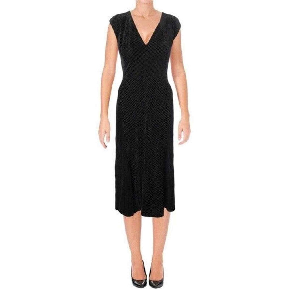 Anne Klein Black Pleated Maxi Dress V-Neck Sleeveless Career US 10